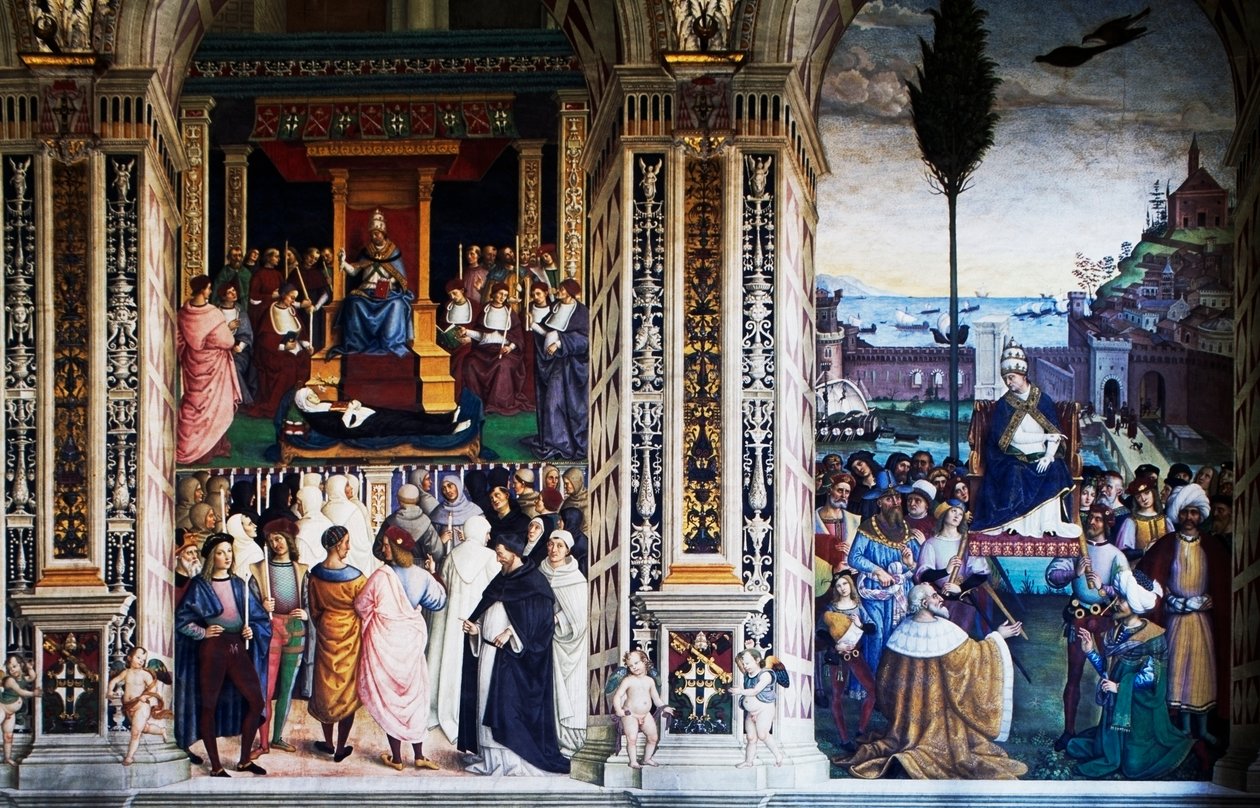وصول بيوس الثاني إلى أنكونا لبدء الحملة الصليبية (القرن السادس عشر) ، لوحة جدارية بواسطة Pinturicchio (1452-1513) ، مكتبة Piccolomini ، كاتدرائية سيينا ، توسكانا ، إيطاليا بواسطة برناردينو دي بيتو بينتوريتشيو