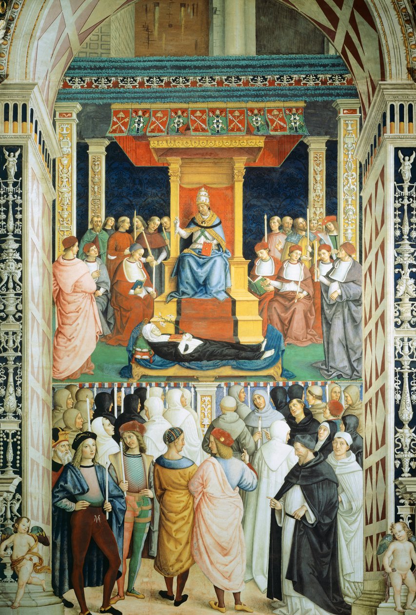 أعلن بيوس الثاني تقديس القديسة كاثرين دي سيينا عام 1461 بواسطة برناردينو دي بيتو بينتوريتشيو