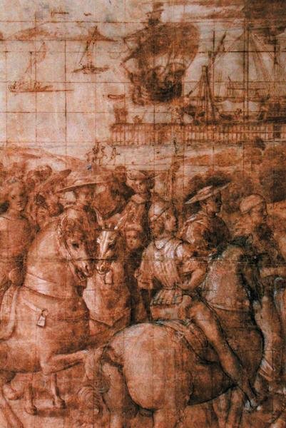 كارتون تحضيري لـ "أينيس سيلفيوس بيكولوميني (1405-64) رحلات إلى مجلس بازل" (قلم وحبر على ورق) (تفصيل) بواسطة برناردينو دي بيتو بينتوريتشيو
