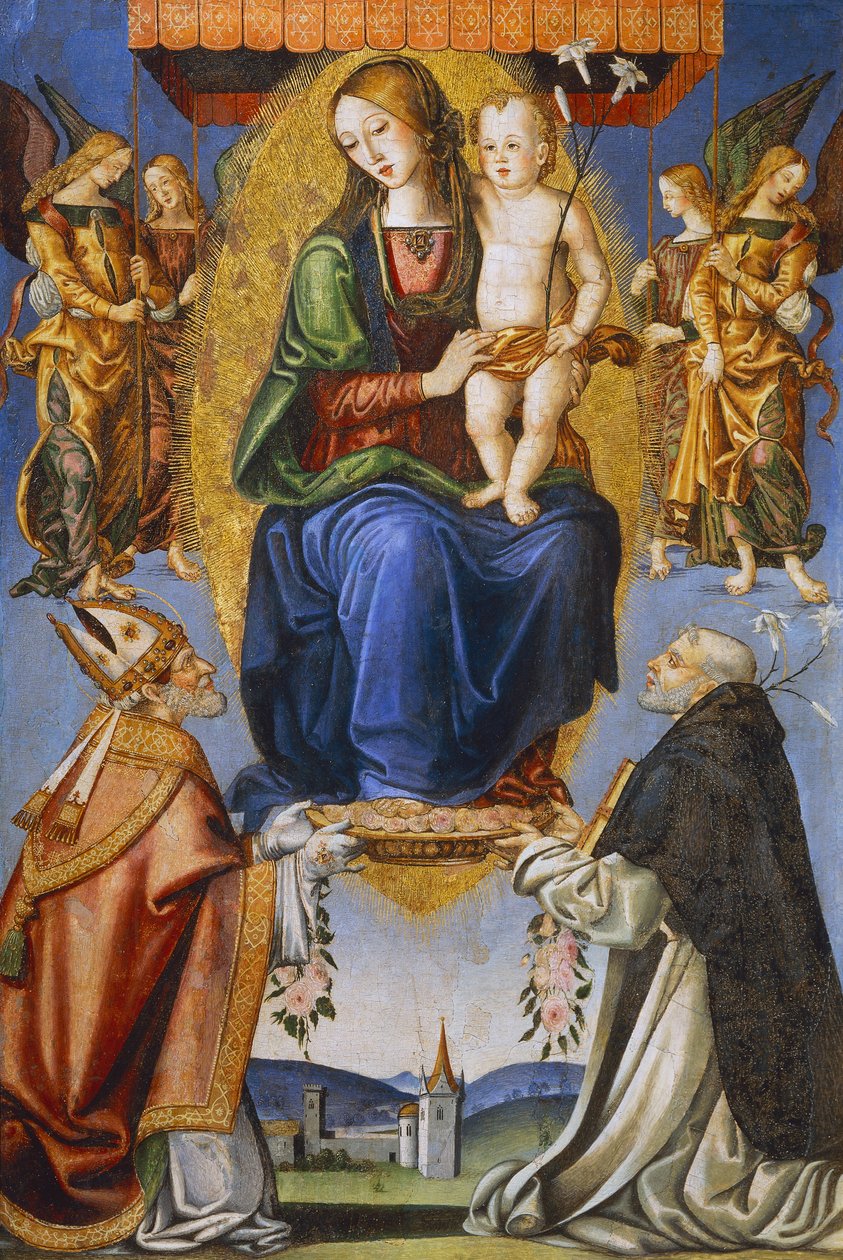 Madonna and Child with St Severino and Dominic (tempera on canvas) بواسطة برناردينو دي ماريوتو