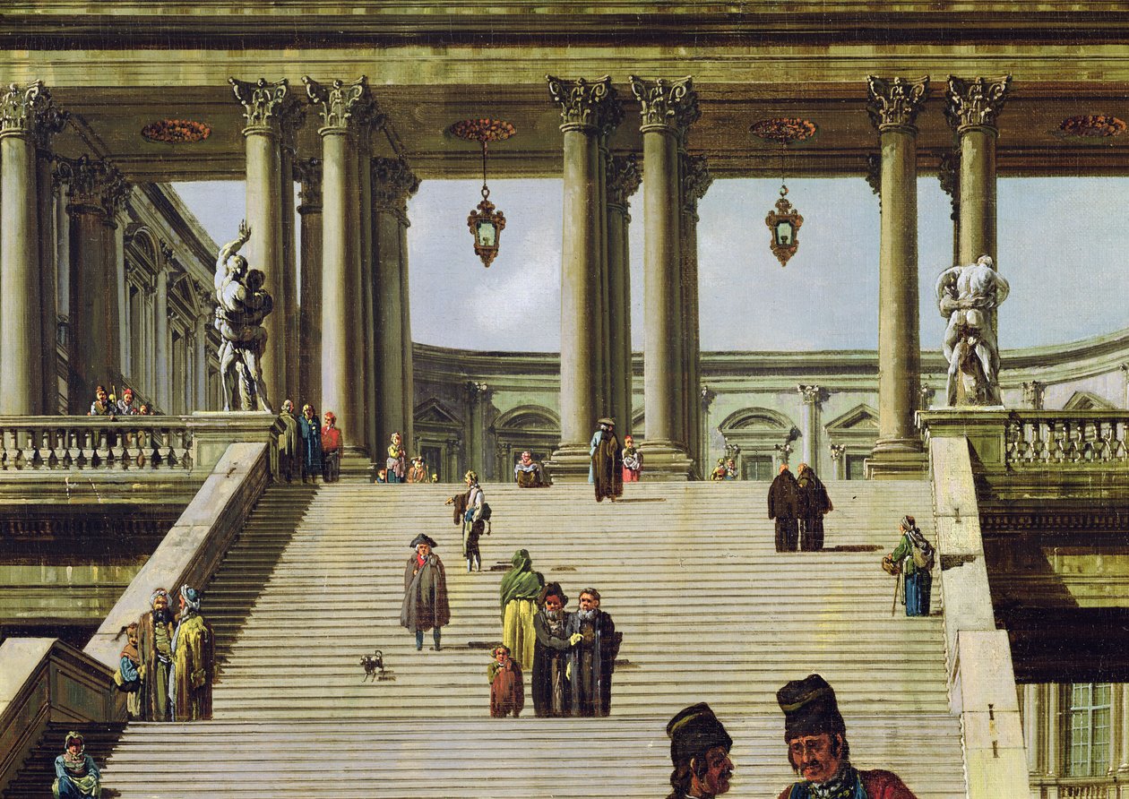 المناظر الطبيعية المثالية مع خطوات القصر ، 1762 (تفاصيل 141300) بواسطة برناردو بيلوتو (كاناليتو)