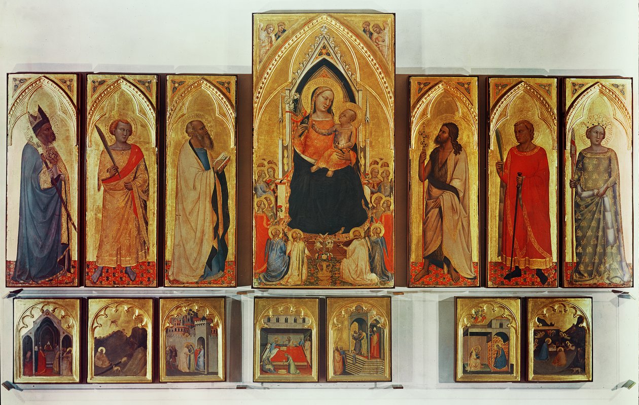 العذراء والطفل مع القديسين ، مكسورة Polyptych (معًا لوحات وأقسام من بريديلا: طرد يواكيم من المعبد ، إعلان الملاك إلى يواكيم ، الاجتماع بواسطة برناردو دادي
