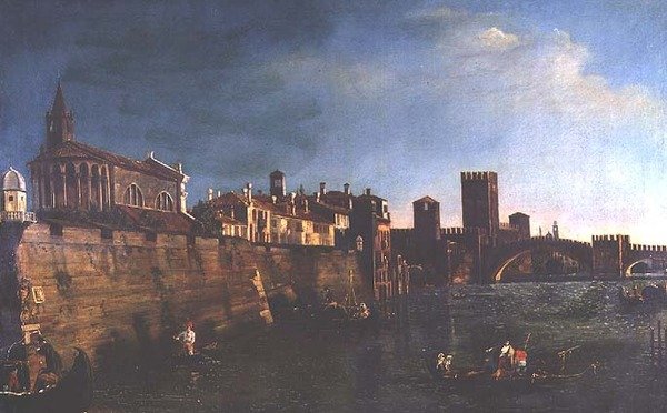 منظر لفيرونا مع Castello Vecchio و Ponte Vecchio (زيت على قماش) بواسطة برناردو (طريقة) بيلوتو