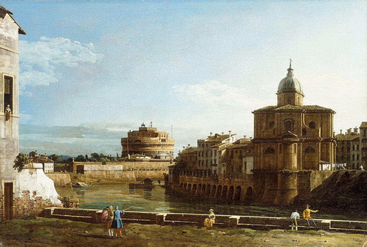 منظر لروما على طول نهر التيبر ، مع كنيسة San Giovanni dei Fiorentini ، بواسطة برناردو بيلوتو (كاناليتو)