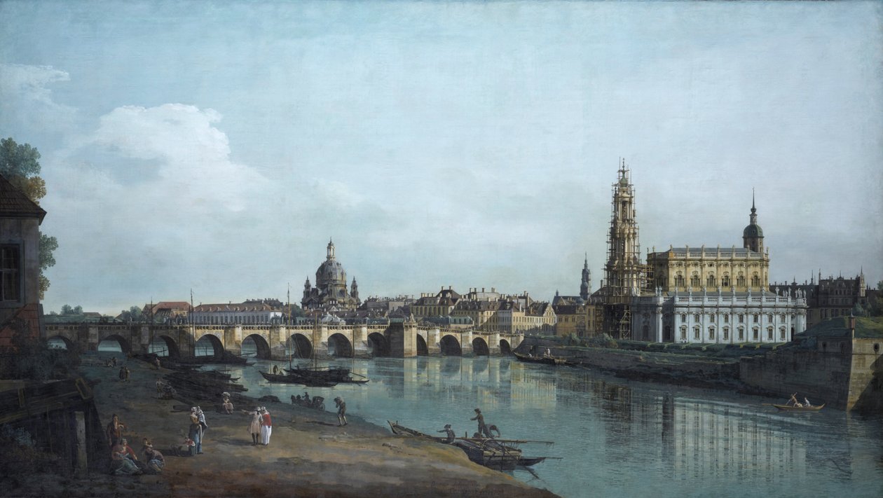 تُرى دريسدن من الضفة اليمنى لـ Elbe ، تحت جسر Augusts ، 1748 بواسطة برناردو بيلوتو (كاناليتو)
