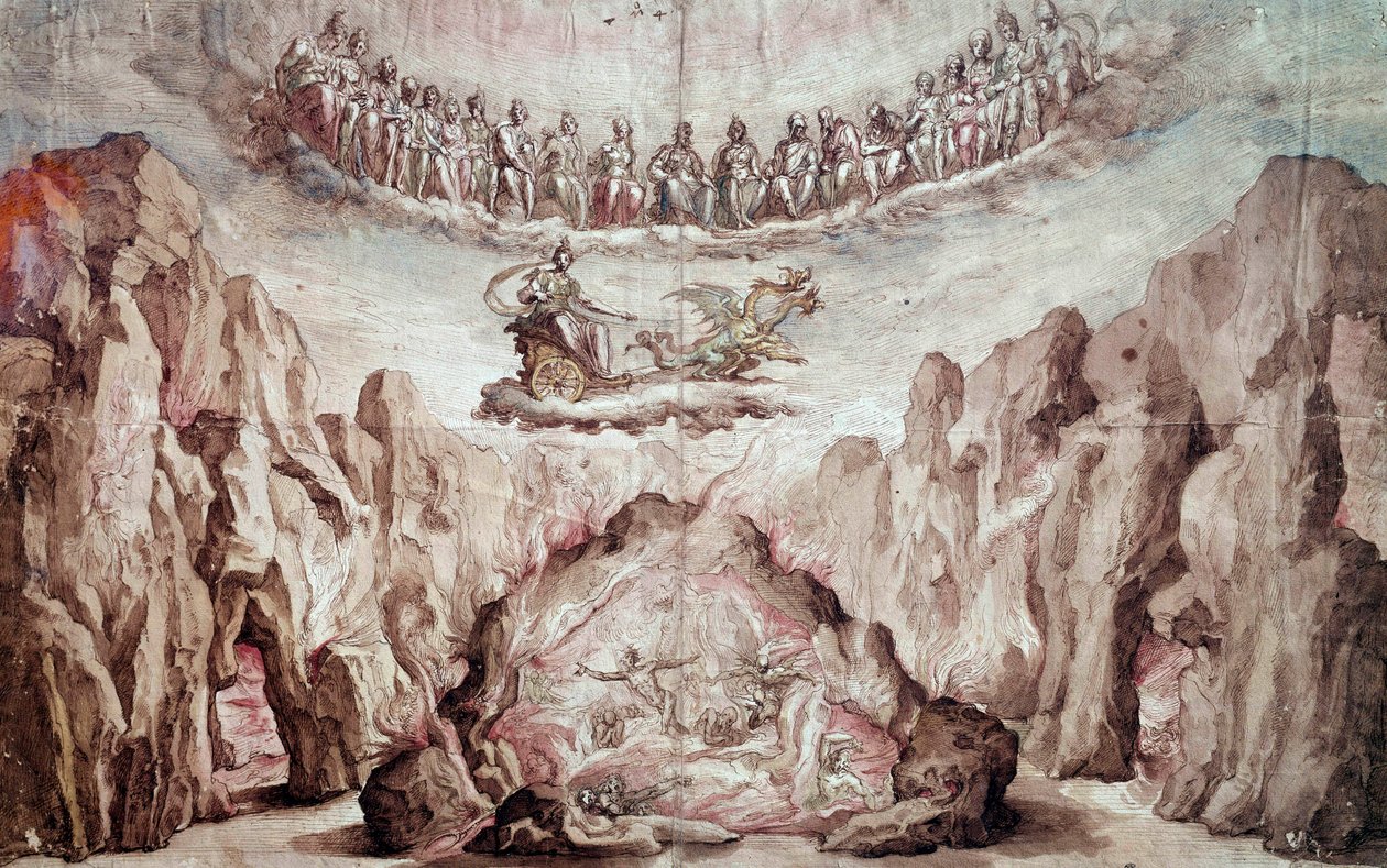 مشروع ديكور وآلات وسيط Le Tromphe de Circe. رسم برناردو بونتالنتي دي ديلي جيراندول (حوالي 1523-1608) شمس. 0،46 × 0،72 م. باريس ، متحف اللوفر بواسطة برناردو بونونتالنتي