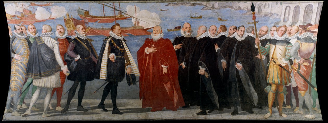 يستقبل Doge Giacomo Durazzo Grimaldi خوان النمسا في ميناء الجينات (Fresco بواسطة برناردو كاستيلو