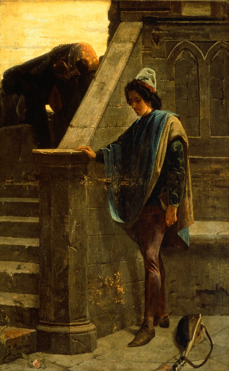 The minstrel, by Bernardo Celentano (1835-1863), oil on canvas, 63x46 cm, Palazzo San Giacomo, Naples. بواسطة برناردو سيلينتانو