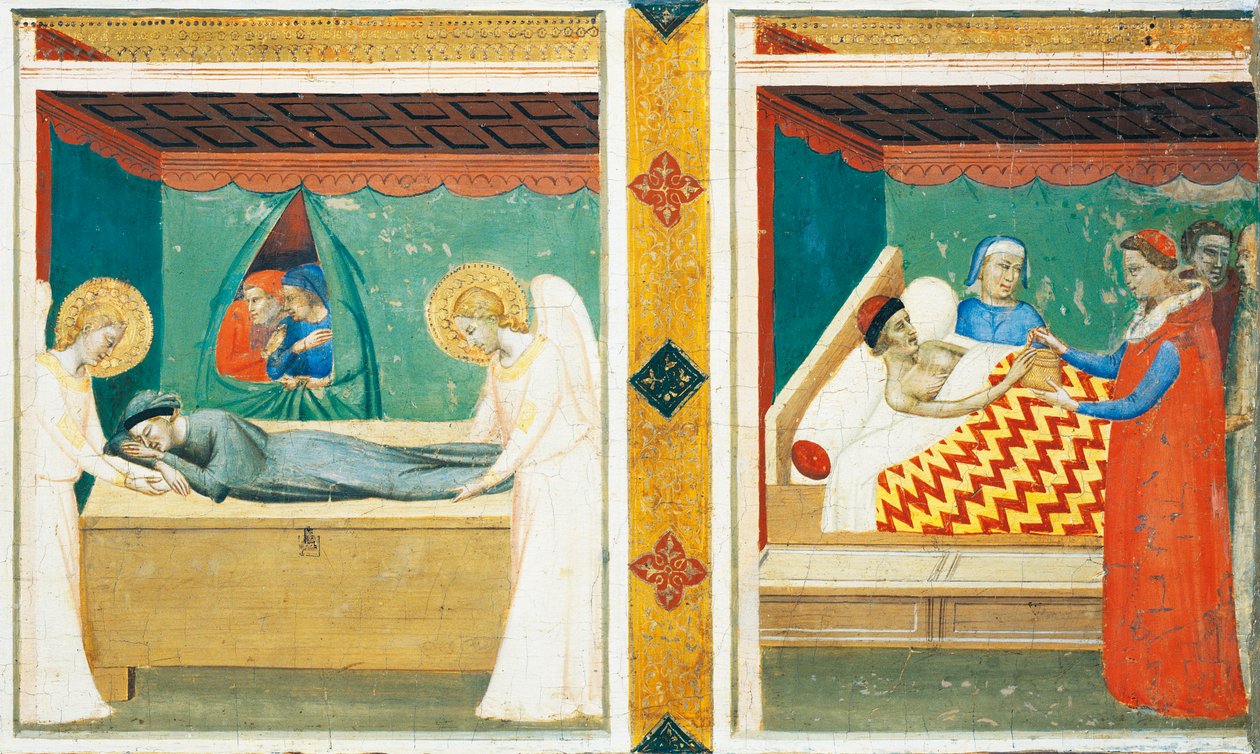 Predella of the Sacra Cintola (الحزام المقدس) ، بقلم برناردو دادي (1290-1348) ، التفاصيل مع قطعتين بواسطة برناردو دادي