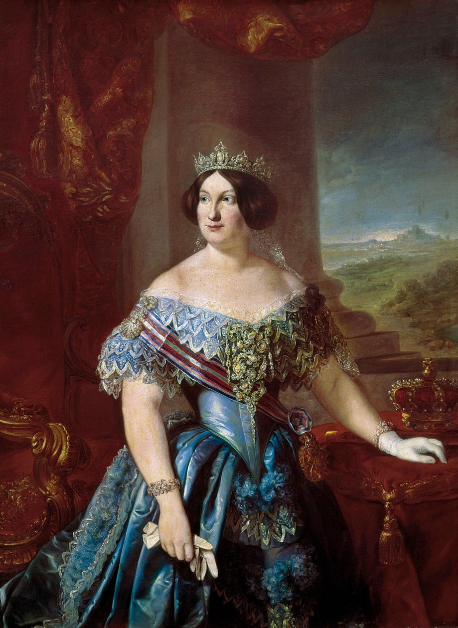 Portrait of Isabella II of Spain (Isabella de Bourbon) (1830-1904). Painting by Bernardo LOPEZ PIQUER بواسطة Bernardo Lopez y Piquer