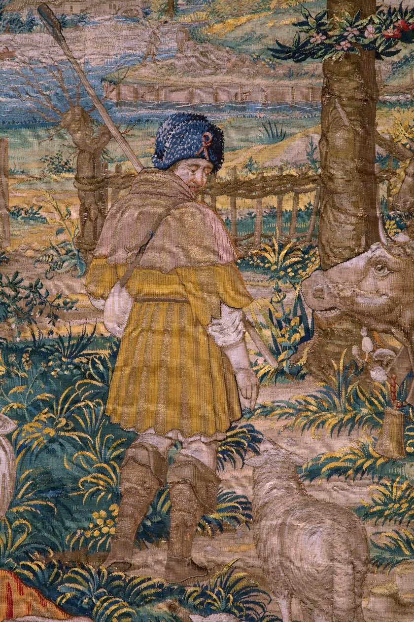 نسيج فلمنكي. السلسلة مؤسسة روما: فاوستولوس يلتقي رومولوس وريموس. رسام الكاريكاتير باريند فان أورلي (؟). تصنيع بروكسل. 1525-1530. التفاصيل. بواسطة برنارت فان (Attr. To) Orley