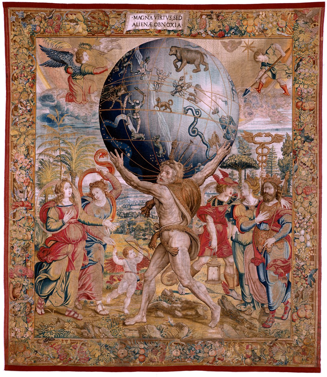 نسيج فلمنكي. مسلسل The Spheres. هرقل يدعم الكرة السماوية (Hércules sostiene la esfera celeste). النسيج الأول في السلسلة. عارضة الأزياء باريند فان أورلي أو بيتر كويك فان إيلست. 1525-1530. المصنع Joris Vezeleer (Georg Wezeler) ؟، ب بواسطة برنارت فان (Attr. To) Orley