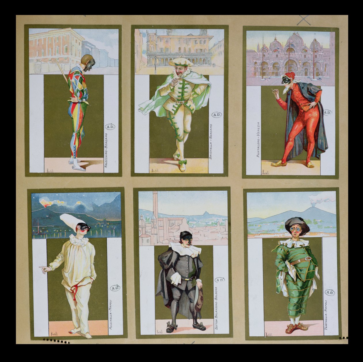 مجموعة من ستة نقوش تصور شخصيات من Commedia dellArte ، c.1900 بواسطة برتلي