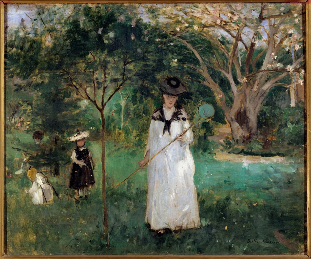 صيد الفراشات شابة تحمل شبكة فراشة. لوحة بيرثي موريسو (1841-1895) 1874 صن. 0،46x0،56 م باريس ، متحف دورسيه بواسطة بيرث موريسوت