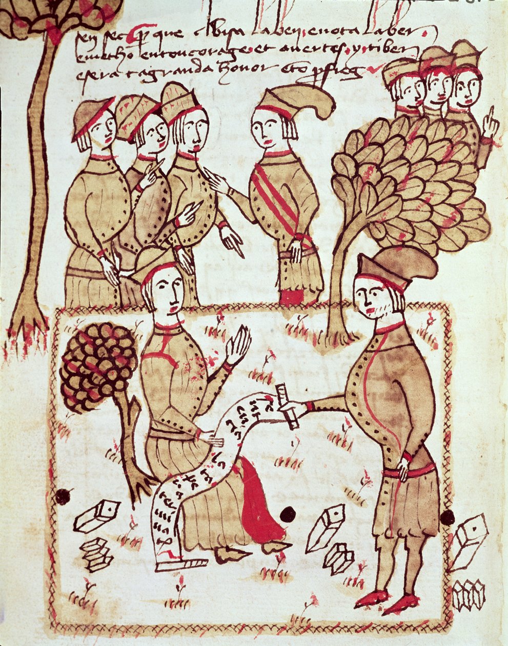 السيدة 327 fol.201v مساح مع عماله ، من "Traite d&39;Arpentage" لأرنود دي فيلنوف (1240-1315) بواسطة برتراند بويسيت