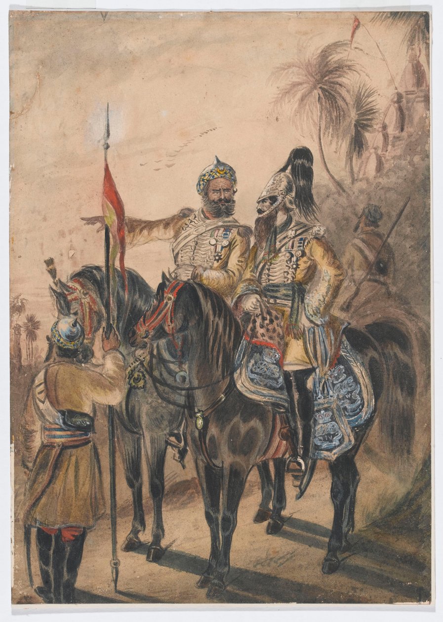 ضابطان راكبان وسوار راحل ، سلاح الفرسان البنغال غير النظامي الرابع ، حوالي 1850 (ألوان مائية) بواسطة بيثون دونالد جرانت