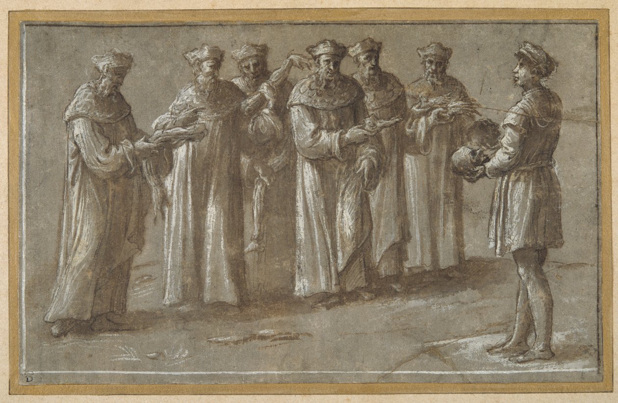 Six professors of anatomy, discussing a skull and flayed limbs (pen & brown ink with brown wash and heightening) (see also 404475) بواسطة بياجيو بوبيني
