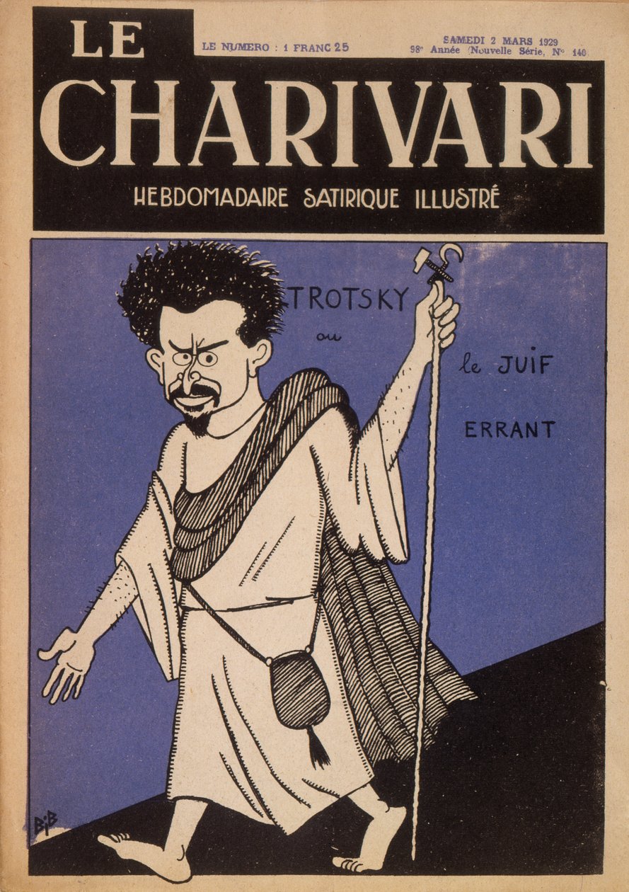 رسم كاريكاتوري لليون تروتسكي (1879-1940) باعتباره اليهودي المتجول ، الغلاف الأمامي لمجلة "لو شاريفاري" ، مارس 1929 (ليثو ملون) بواسطة مريلة