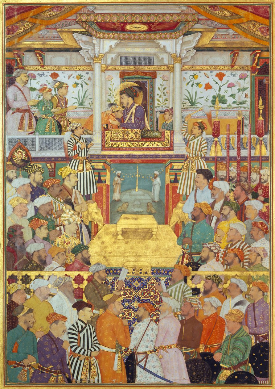 اللوحة Padshahnama 10: شاه جهان يستقبل أبنائه الثلاثة الأكبر وعساف خان خلال مراسم انضمامه (8 مارس 1628) بواسطة Bichitr