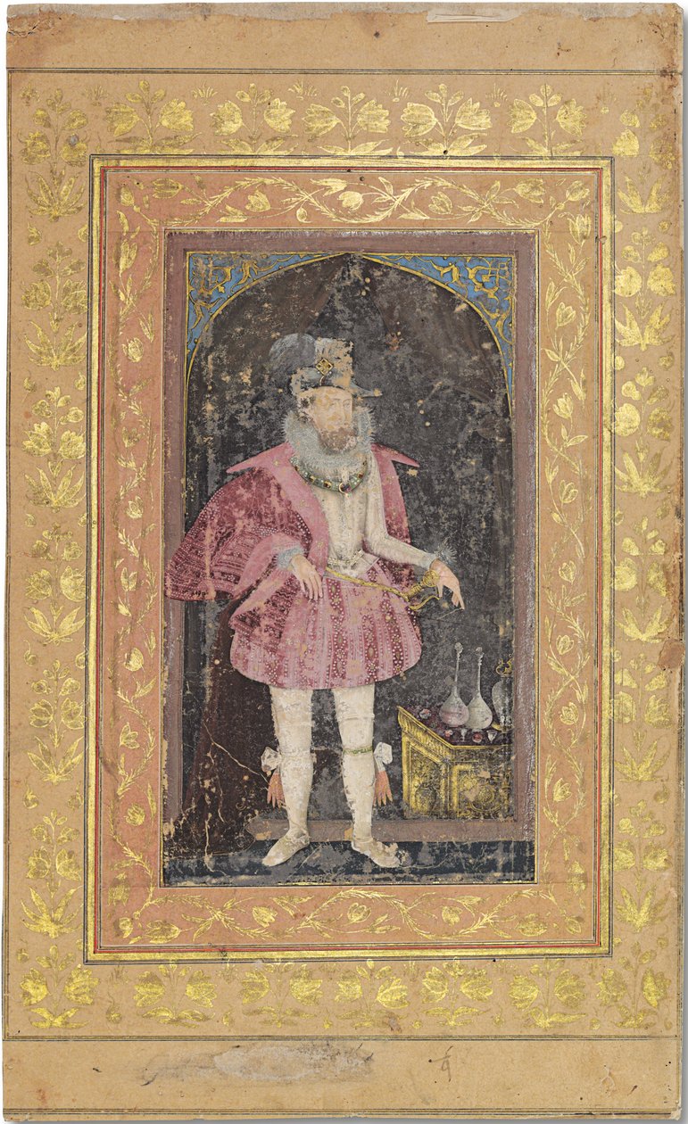 صورة مغولية نادرة لجيمس الأول ، حوالي 1615-18 (أصباغ معتمة مزينة بالذهب على ورق) بواسطة Bichitr Bichitr