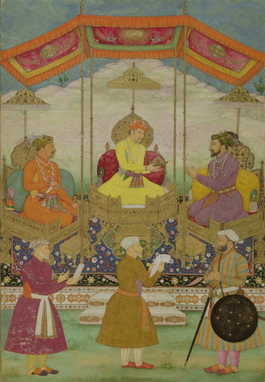 الإمبراطور المغولي أكبر (c.1605) (في الوسط) يمر بشكل رمزي التاج من ابنه جهانجير إلى حفيده شاه جهان (1627-1658) c.1630 بواسطة بشتير
