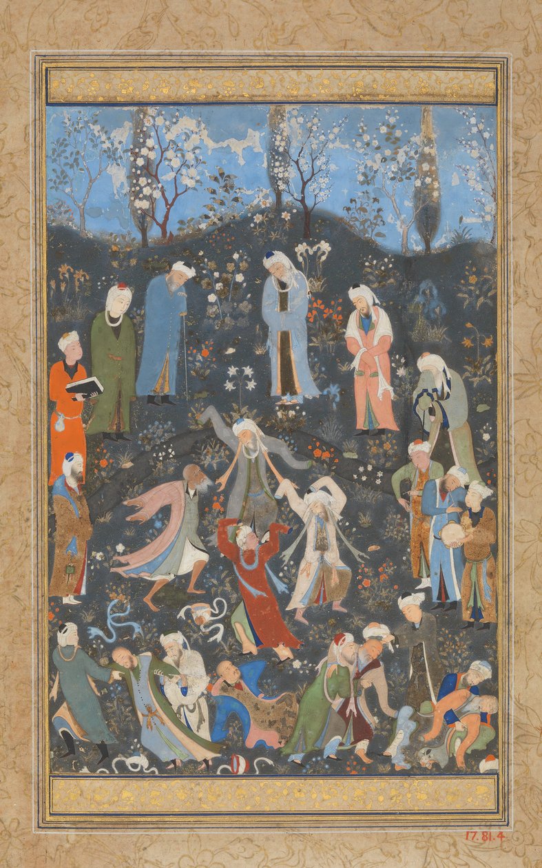 الدراويش الراقصون ، فوليو من ديوان حافظ ، كاليفورنيا. 1480. بواسطة بهزاد