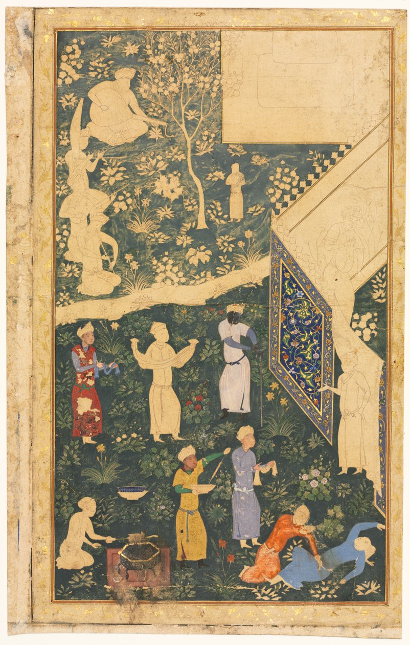 الموسيقيون والخدمون خارج مستطيل المخيم الملكي ، ج. 1485. بواسطة بهزاد