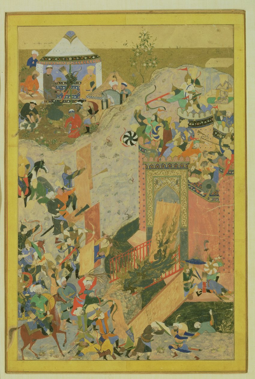 الاعتداء على القلعة ، الفارسية ، الفترة التيمورية (1370-1506) ج 1475-1500 (مرحاض وورقة ذهبية على ورق) بواسطة بهزاد attr. إلى بهزاد attr. ل