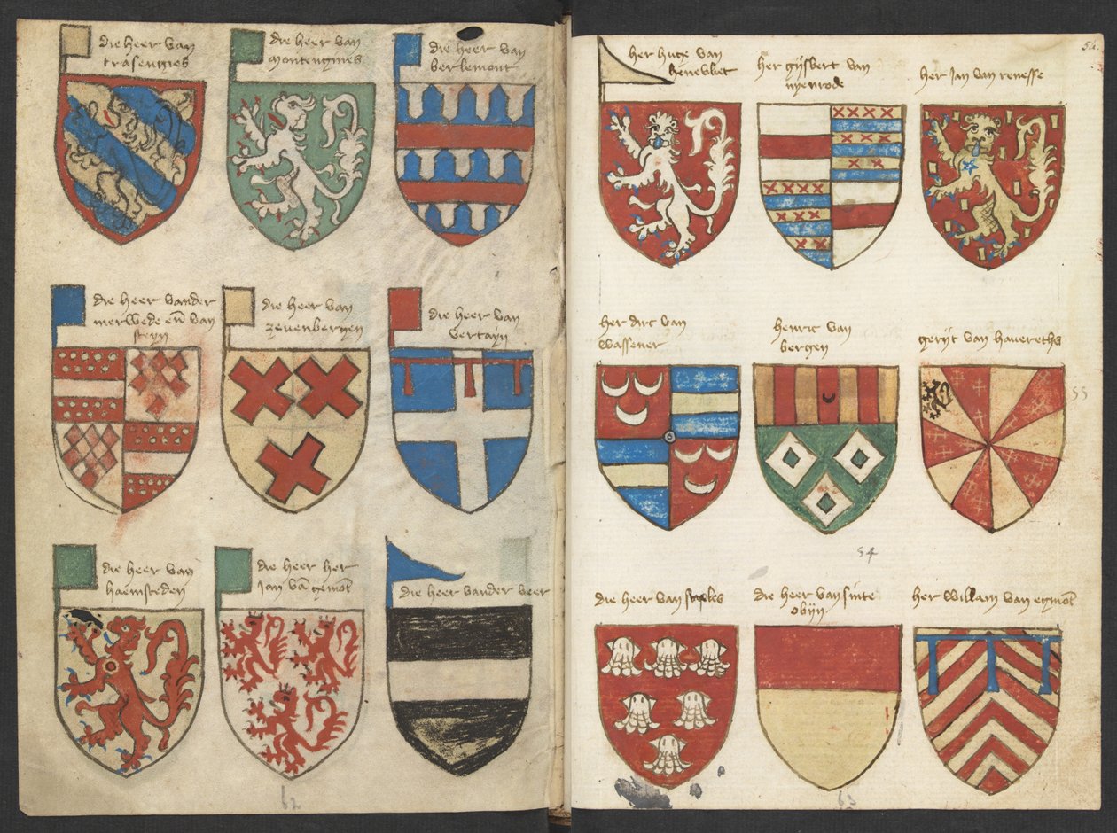 Armoury Beyeren (armorial) - KB79K21 - الأوراق 053v (يسار) و 054r (يمين) بواسطة بيندر
