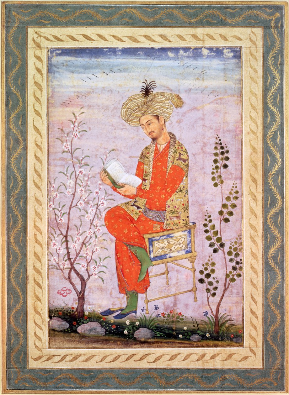 بابور (حكم من 1526 إلى 30) قراءة ، موغال (ألوان مائية على ورق) بواسطة حتى الآن