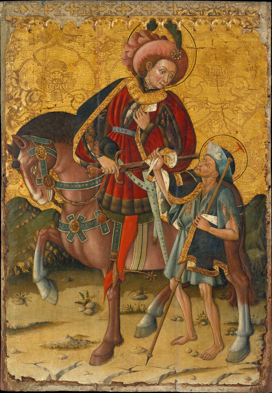 Saint Martin of Tours (أو The Misericordious) (316-397) ، قطع عباءته لمشاركتها مع رجل فقير - رسم بواسطة Blasco de Granen (؟ -1459) ، تمبرا على الخشب (153.5x106 سم) ، حوالي 1440 - القديس مارتن يشارك عباءته ، تمبرا على لوحة بواسطة Blasco de بواسطة بلاسكو دي جرانن