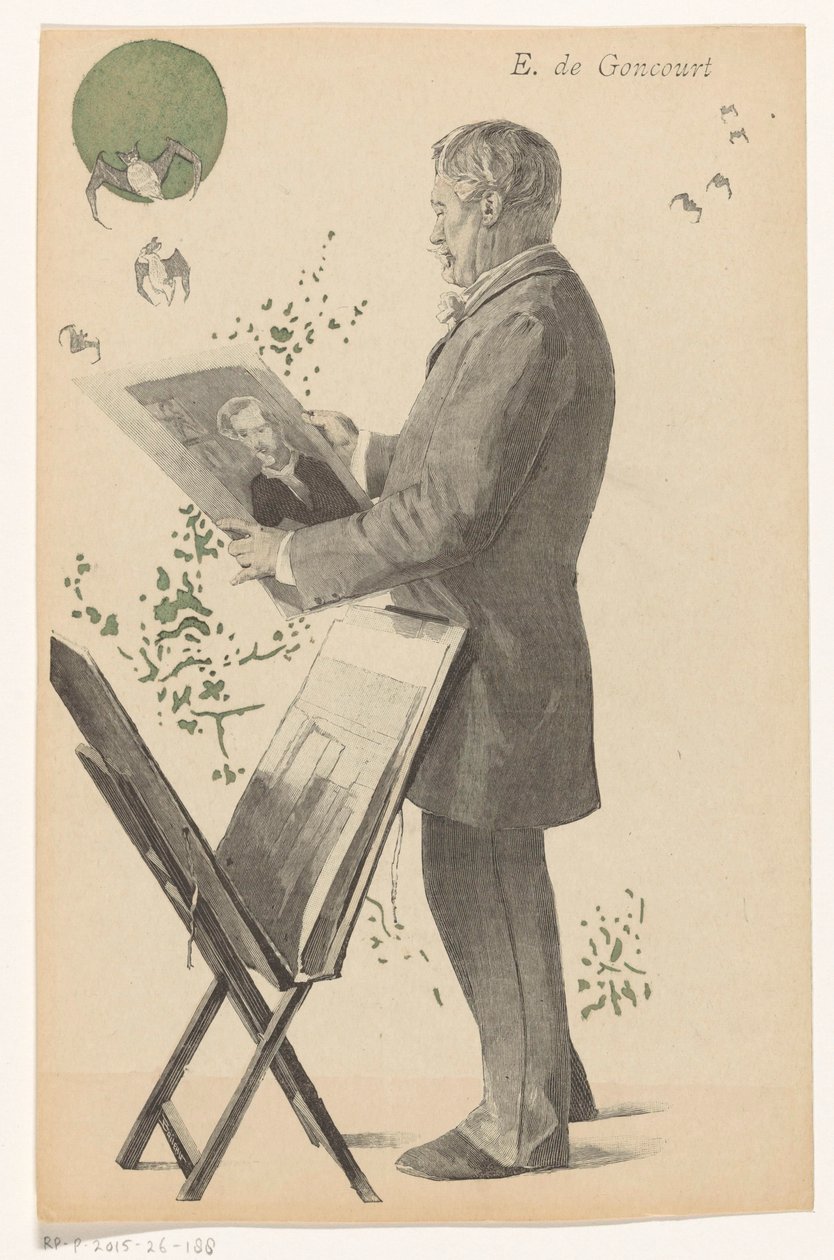 ينظر إدموند دي غونكور إلى مطبوعة ، بجانبه حامل طباعة E. de Goncourt (العنوان على الكائن) بواسطة الغليان