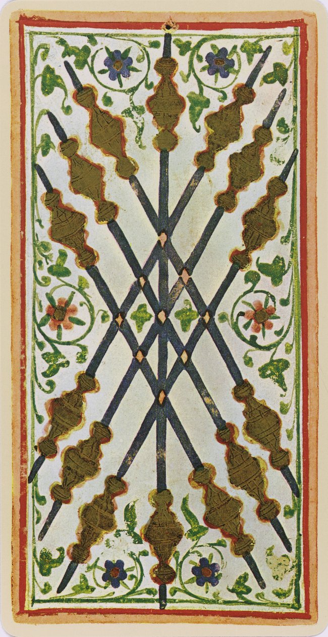 The Seven of Wands ، فاكس لبطاقة التارو من سطح "Visconti" ، 1441-1447 بواسطة بونيفاسيو بيمبو