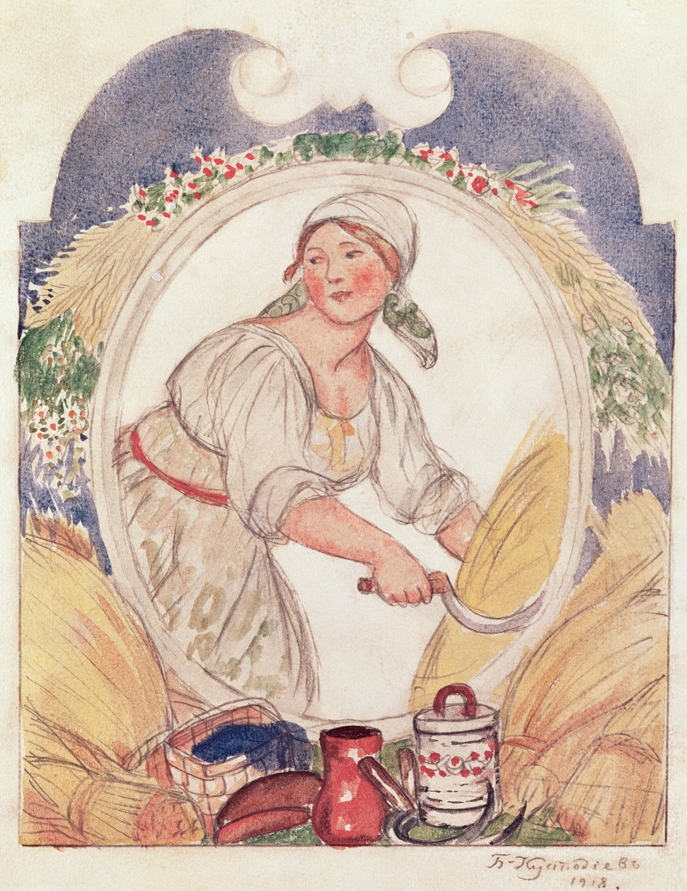 The Reaper ، دراسة لتزيين ساحة Ruzheinaya (البندقية) في بتروغراد ، 1918 (قلم رصاص ومرحاض على ورق) بواسطة بوريس ميخائيلوفيتش كوستودييف