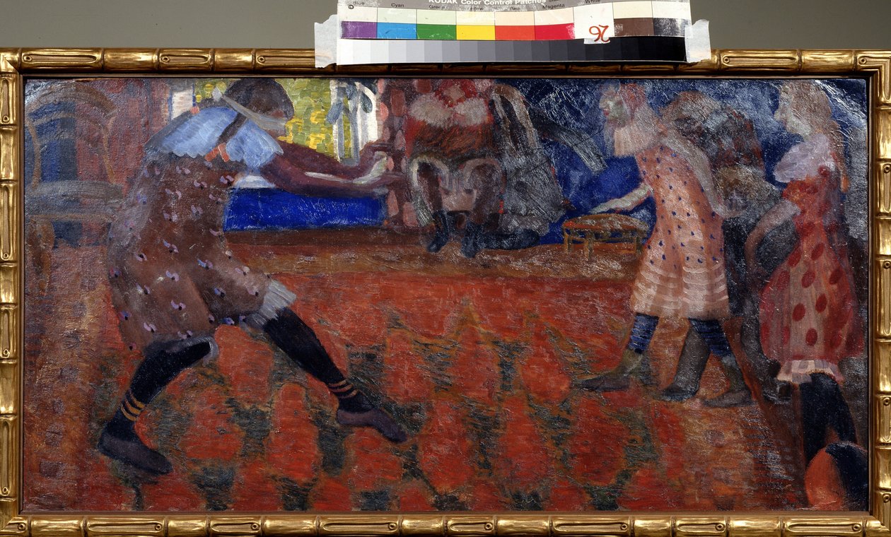 كولين ميلارد (Blind's Man Buff). ألعاب أطفال في غرفة جلوس مفروشة بالسجاد. عمل بوريس ديمترييفيتش غريغورييف (1886-1939) ، تمبرا على ورق مقوى بواسطة بوريس دميتريفيتش جريجورييف