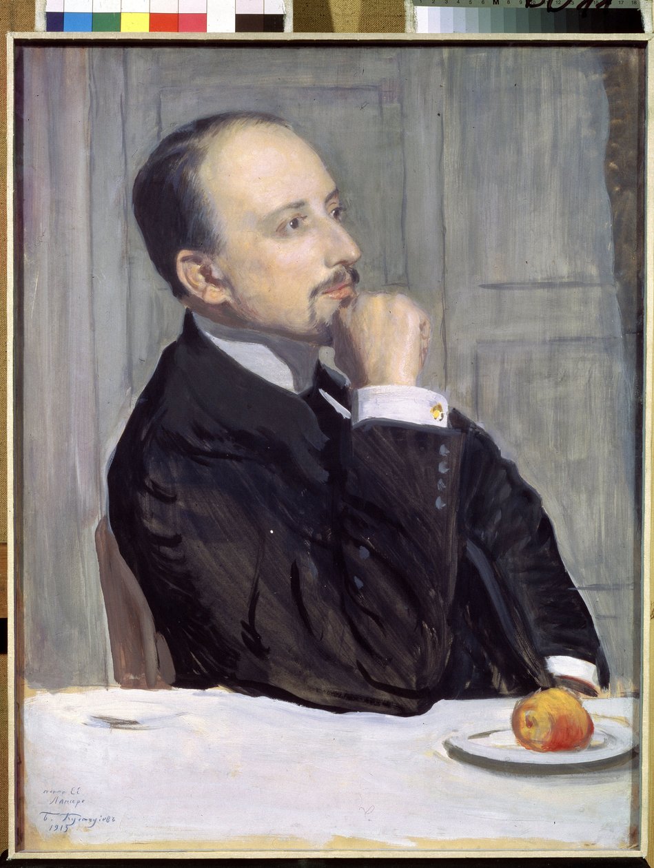 صورة للفنان إيفجيني إيفجينيفيتش لانسيراي (يوجين لانسر) (1875-1946) (صورة للفنان إي. لانسيراي). عمل بوريس ميشيلوفيتش كوستودييف (كوستودييف) (1878-1927) ، تمبرا على كرتون بواسطة بوريس ميخائيلوفيتش كوستودييف