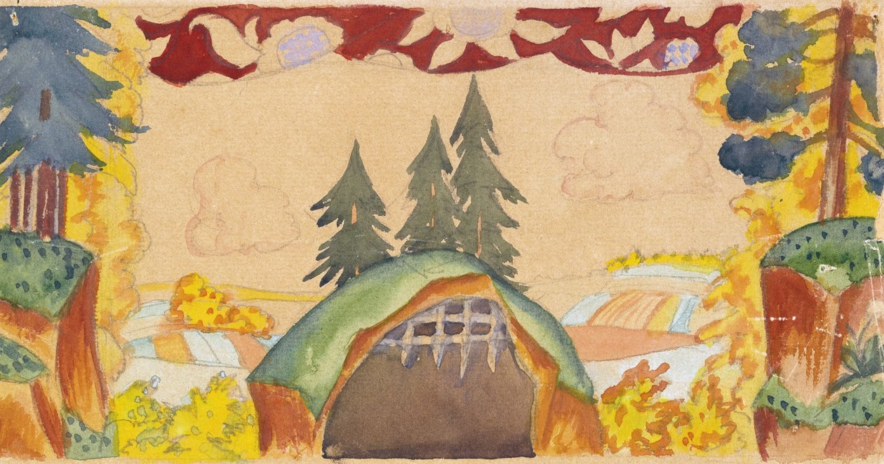 تصميم المسرح للأوبرا The Golden Cockerel من تأليف N.Rimsky-Korsakov ، 1927 بواسطة بوريس ميخائيلوفيتش كوستودييف
