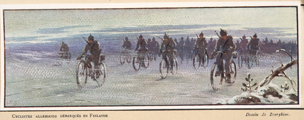 وصول راكبي الدراجات الألمان إلى فنلندا ؛ من Histoire des Soviets، pub. 1922 (لون ليثو) بواسطة بوريس فاسيليفيتش زفوريكين