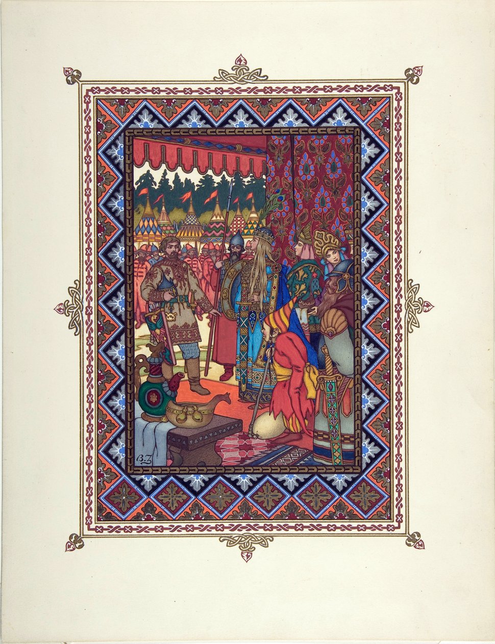 رسم توضيحي للحكاية الخيالية Marya Morevna (Maria des mers) par Zvorykin ، Boris Vasilievich (1872-after 1935) ، c. 1925 - الطباعة الحجرية الملونة ، 27.3x20.5 - مجموعة خاصة بواسطة بوريس فاسيليفيتش زفوريكين