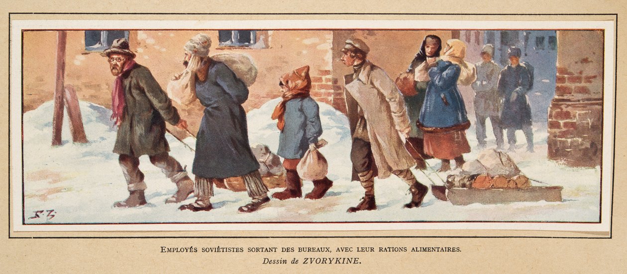 عمال سوفيات يغادرون المكتب ومعهم حصصهم الغذائية ، من حانة Histoire des Soviets. 1922 (لون ليثو) بواسطة بوريس فاسيليفيتش زفوريكين