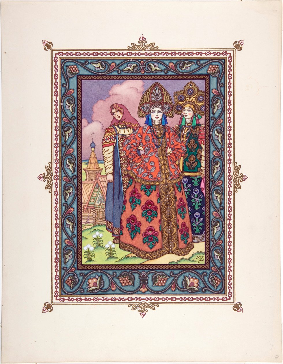 Vassilissa la Belle (Vassilissa la tres Belle) - رسم توضيحي للحكاية الخيالية Vasilisa the Beautiful par Zvorykin ، Boris Vasilievich (1872-after 1935) ، c. 1925 - الطباعة الحجرية الملونة ، 27.3x20.5 - مجموعة خاصة بواسطة بوريس فاسيليفيتش زفوريكين
