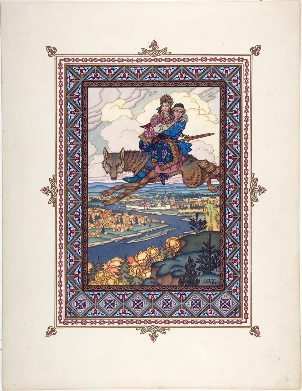 l'oiseau de feu et du loup gris - رسم توضيحي للحكاية الخيالية لإيفان تساريفيتش ، فايربيرد ، وولف غراي بار زفوريكين ، بوريس فاسيليفيتش (1872 بعد عام 1935) ، ج. 1925 - الطباعة الحجرية الملونة ، 27.3x20.5 - مجموعة خاصة بواسطة بوريس فاسيليفيتش زفوريكين