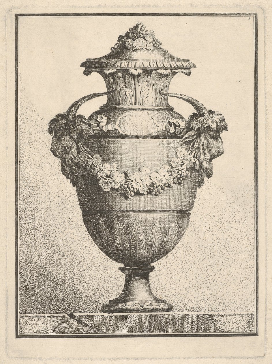 تصميم مزهرية مغطاة برأسين ماعز وإكليل ، 1764. بواسطة بوسي