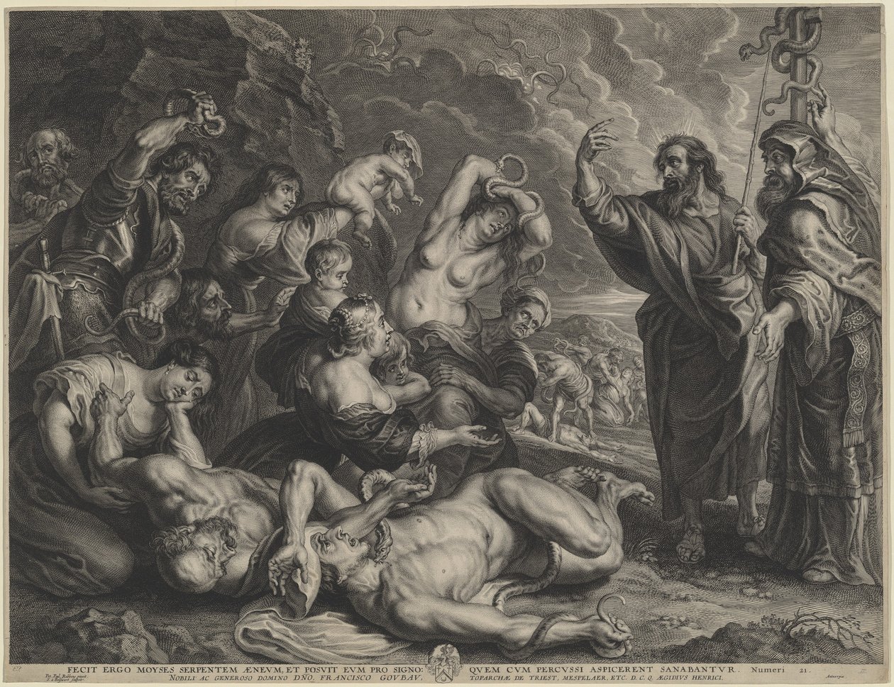 موسى والثعبان النحاسي بواسطة Boëtius Adams Bolswert ، بعد السير Peter Paul Rubens