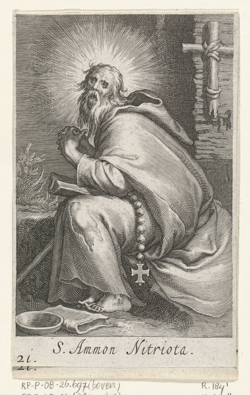 القديس أمونيوس الكبير ناسك S. Ammon Nitriota (العنوان على الكائن) الناسك (عنوان المسلسل) Sacra eremvs Ascetarvm (عنوان المسلسل) بواسطة Boëtius Adamsz. قيمة الترباس