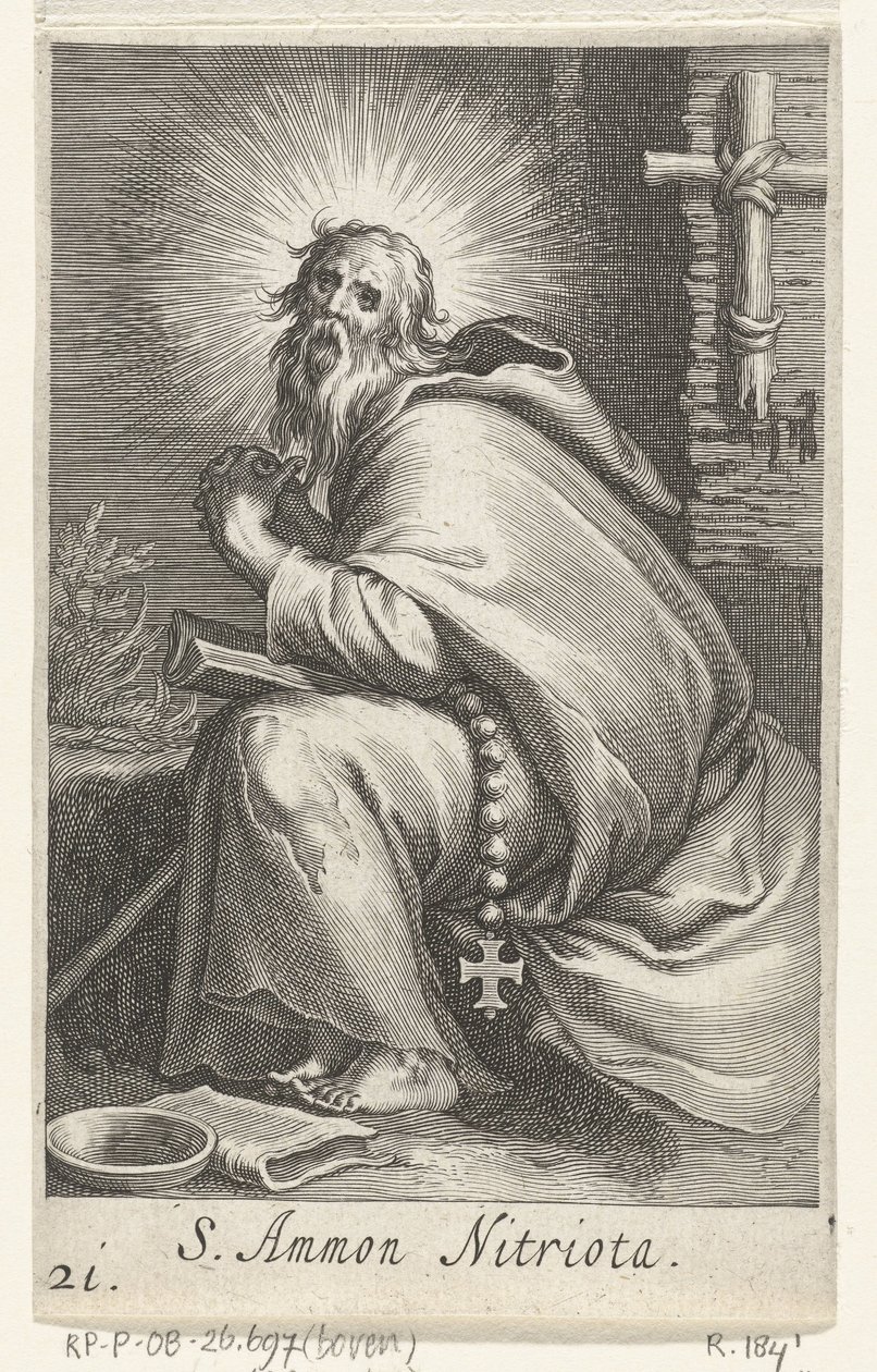 القديس أمونيوس الكبير ناسك S. Ammon Nitriota (العنوان على الكائن) الناسك (عنوان المسلسل) Sacra eremvs Ascetarvm (عنوان المسلسل) بواسطة Boëtius Adamsz. قيمة الترباس