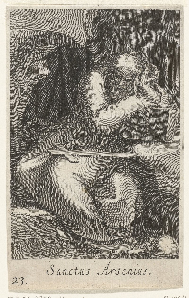 القديس أرسينيوس الكبير ناسك Sanctus Arsenius (العنوان على الكائن) الناسك (عنوان المسلسل) Sacra eremvs Ascetarvm (عنوان المسلسل) بواسطة Boëtius Adamsz. قيمة الترباس