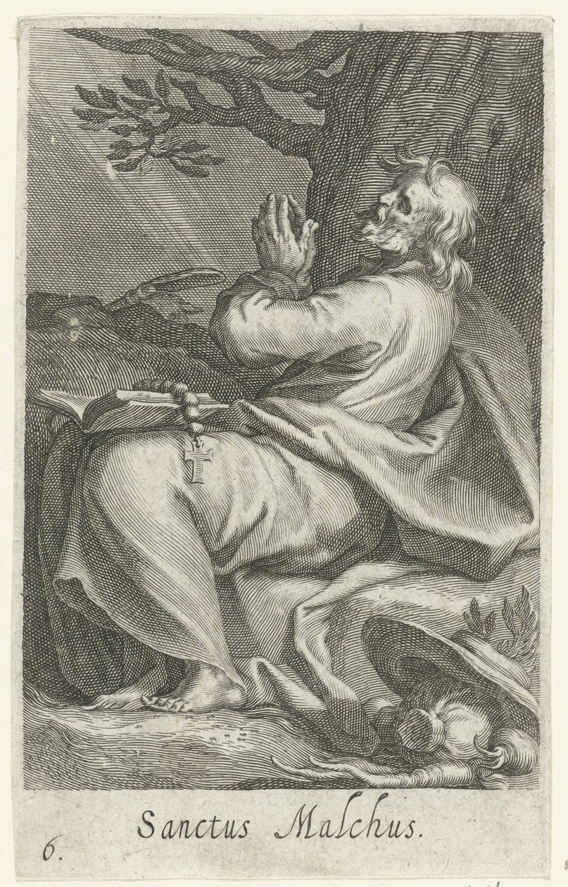 القديس ملخس من خالكييس كنسك Sanctus Malchus (العنوان على الكائن) الناسك (عنوان المسلسل) Sacra eremvs Ascetarvm (عنوان المسلسل) بواسطة Boëtius Adamsz. قيمة الترباس