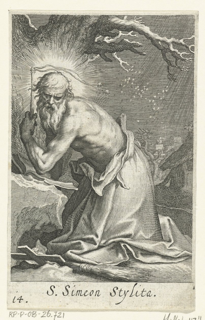 القديس سمعان يعظم الشيخ كنسك S. Simeon Stylita (العنوان على الكائن) الناسك (عنوان المسلسل) Sacra eremvs Ascetarvm (عنوان المسلسل) بواسطة Boëtius Adamsz. قيمة الترباس