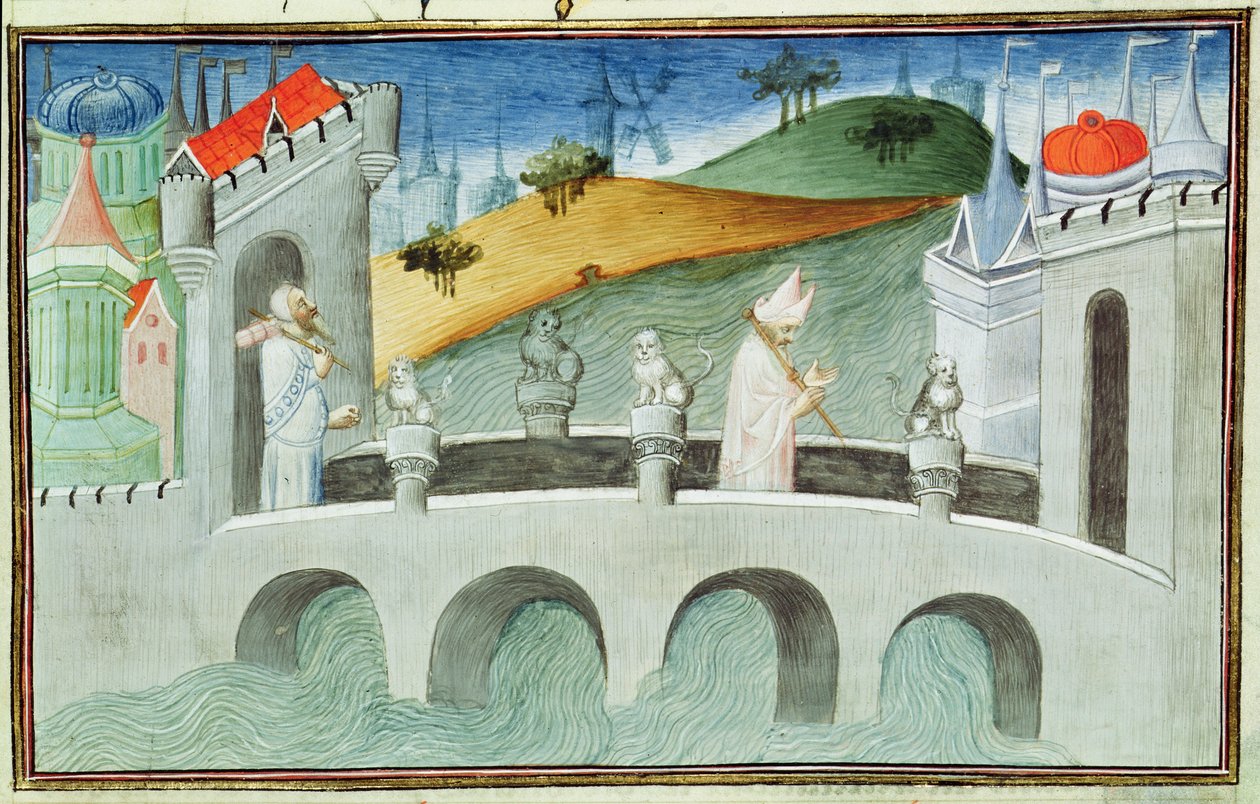 السيدة 2810 f.49 ، الجسر فوق Lou-Keou ، مقاطعة بالقرب من بكين ، من "Livre des Merveilles du Monde" ، c.1410-12 (درجة حرارة على الرق) بواسطة ماجستير Boucicaut
